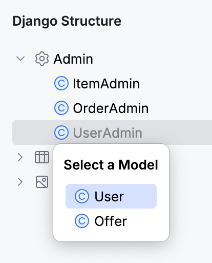 Selecting a model register with the admin class
