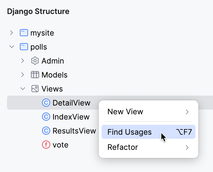 在 Django Structure 工具窗口中查找模型的用法