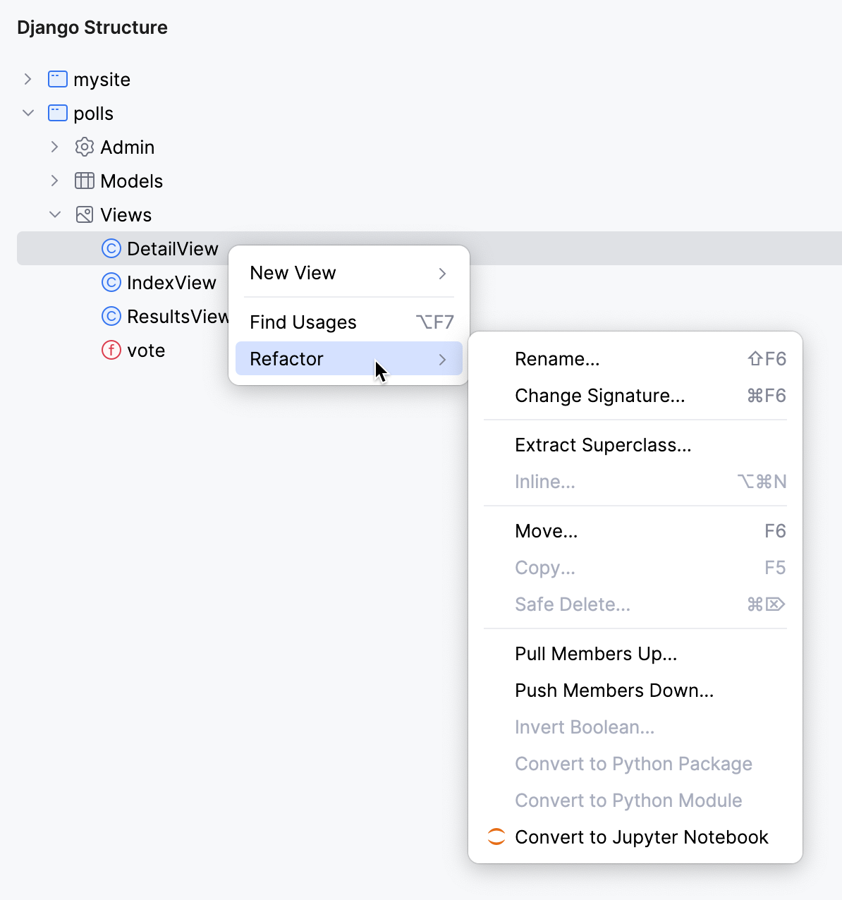 Refactoring a view in the Django Structure tool window