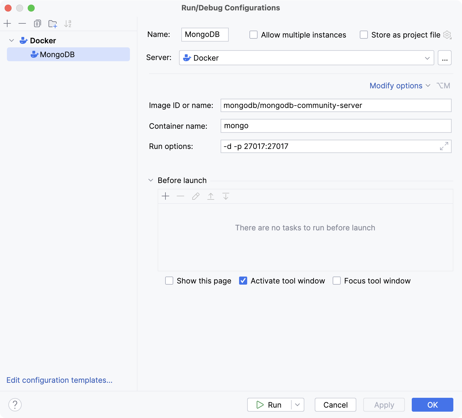 Docker Image run configuration dialog