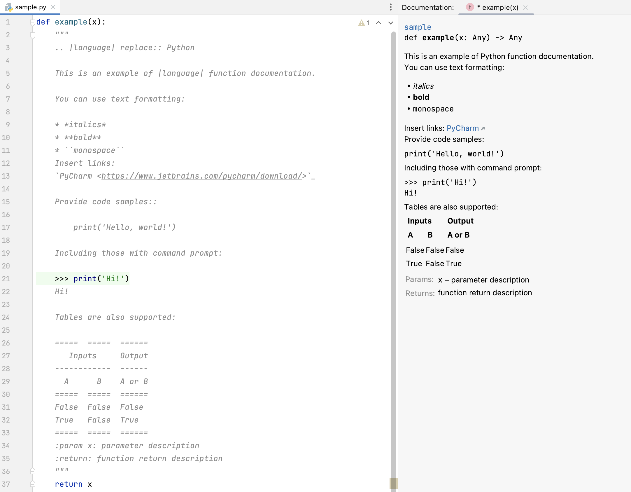 Example of text formatting in a function docstring