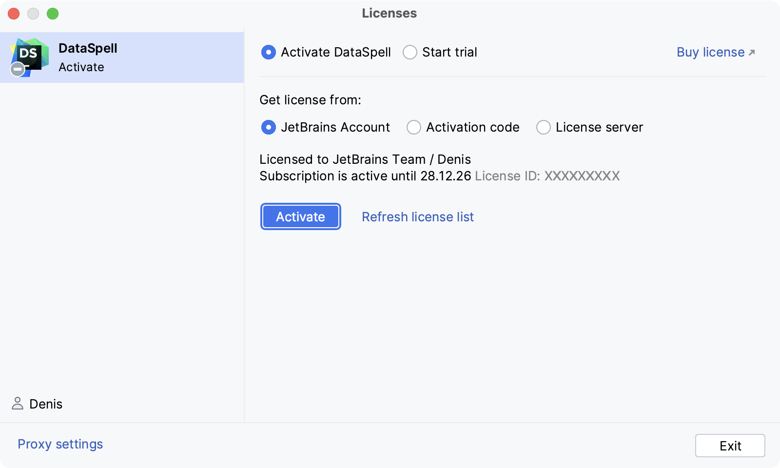 Activate DataSpell license with a JetBrains Account