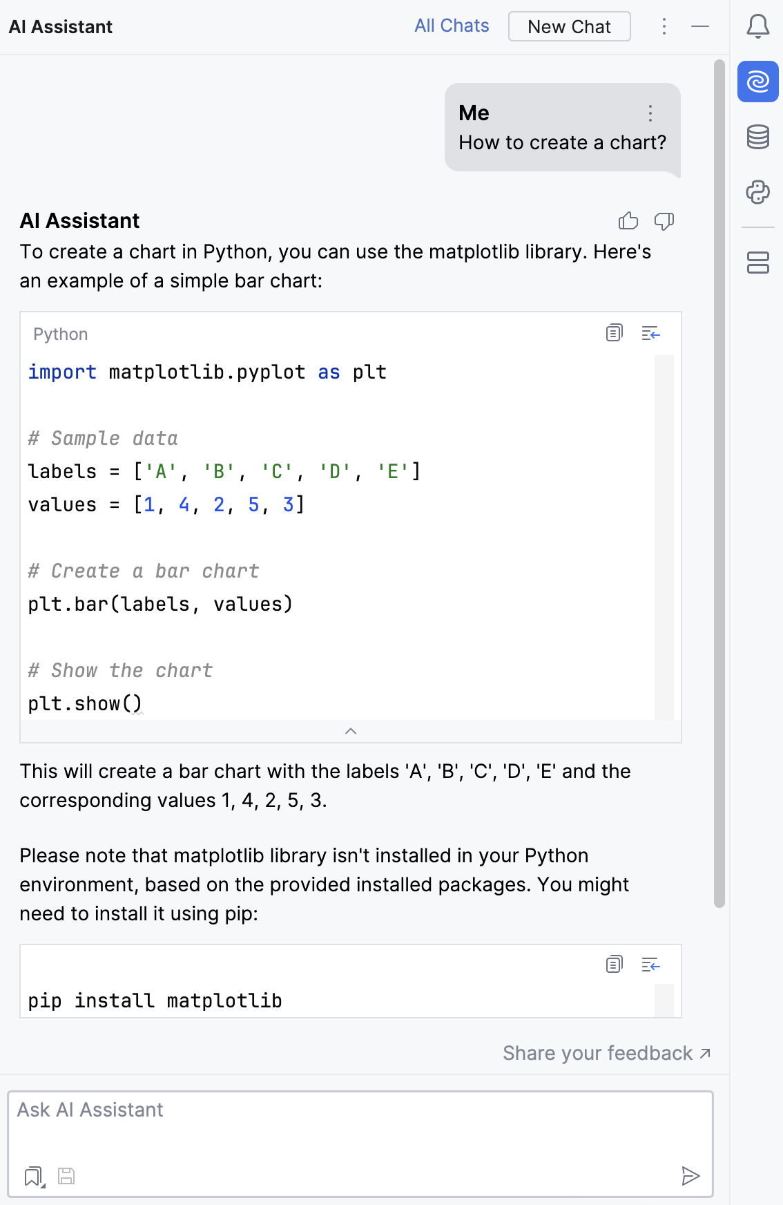 DataSpell: Asking AI Assistant programming-related questions