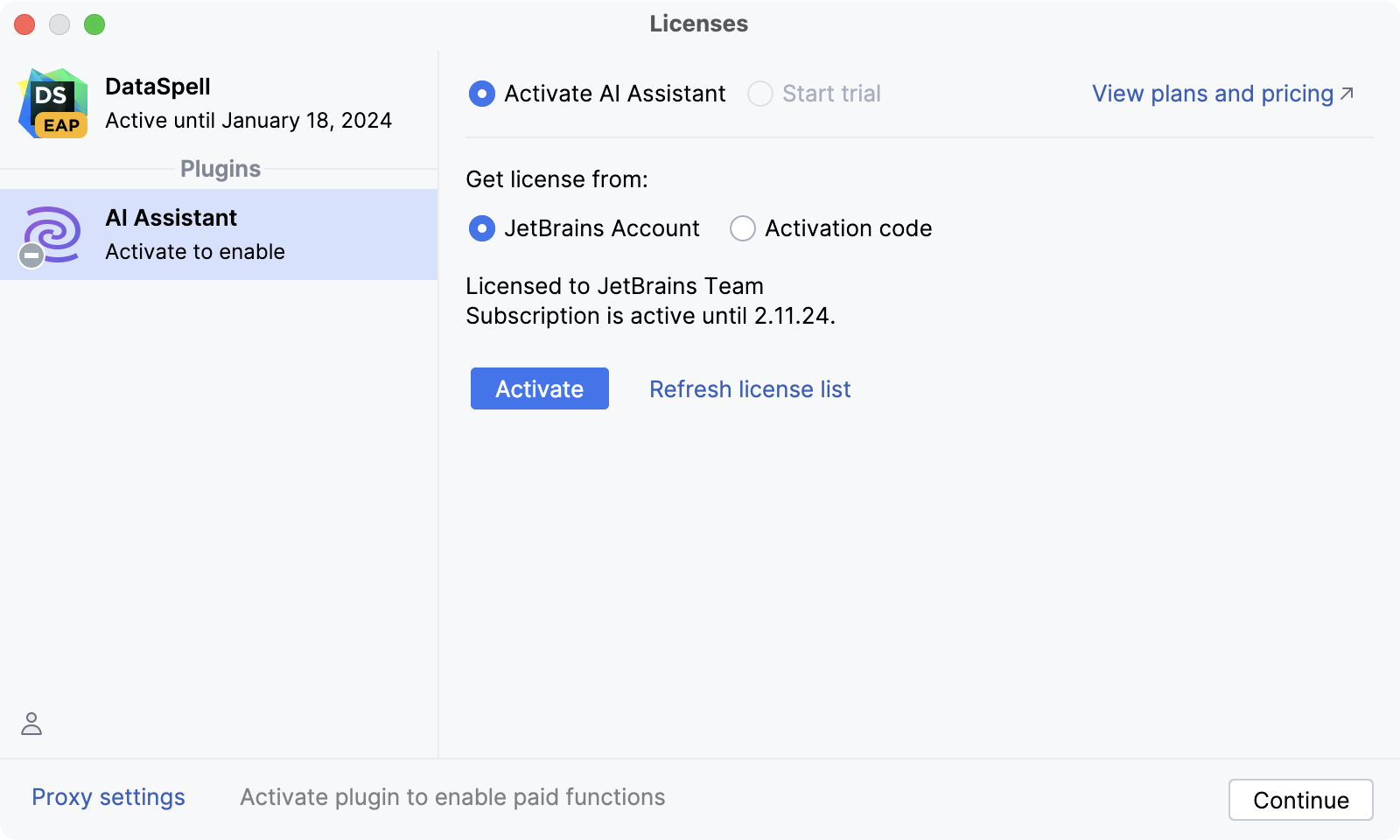 Licenses dialog with AI Assistant activation option