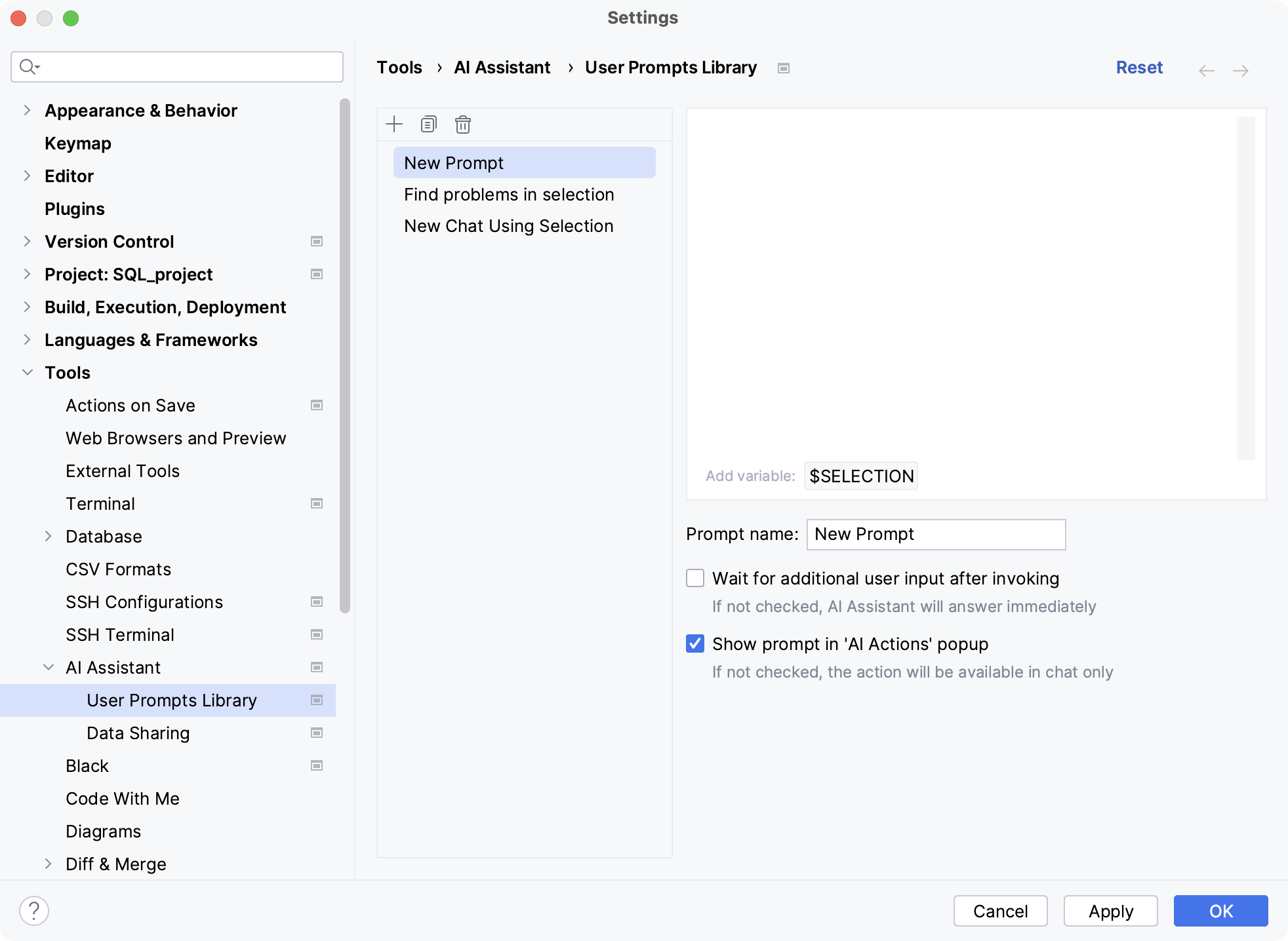 DataSpell: User prompts library settings