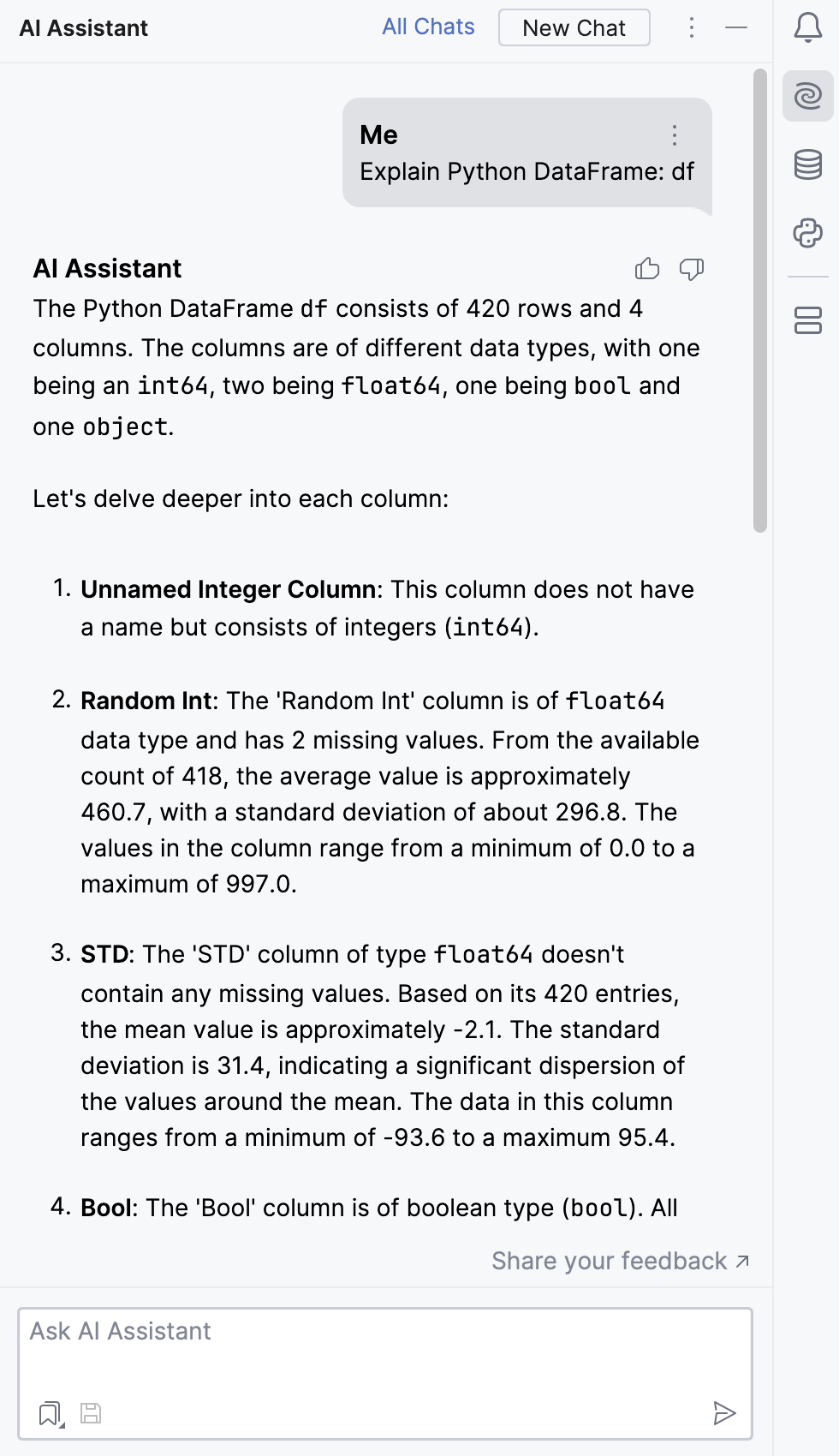 dataframe explained by AI Assistant