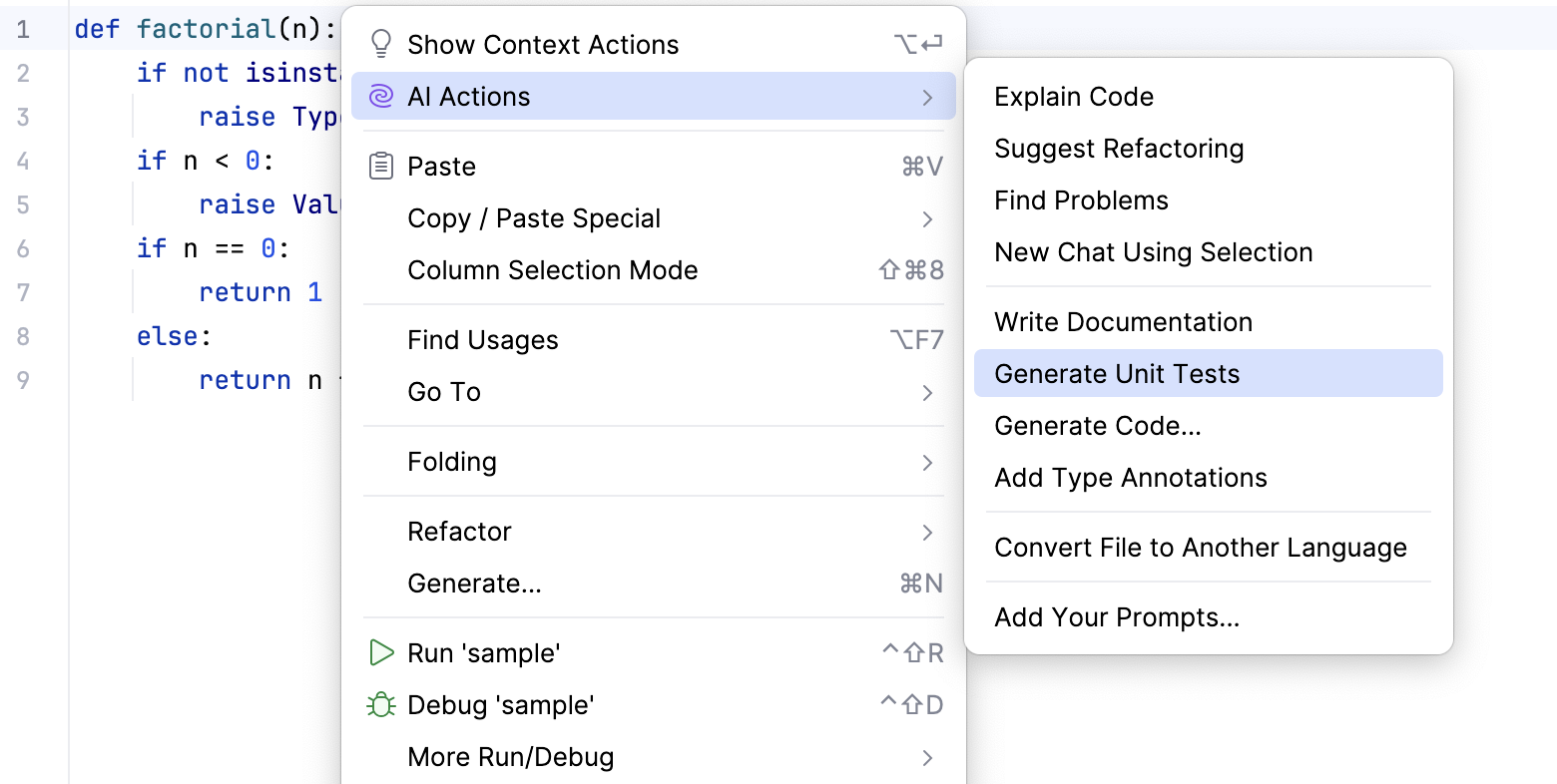 Generate Unit Tests action in context menu