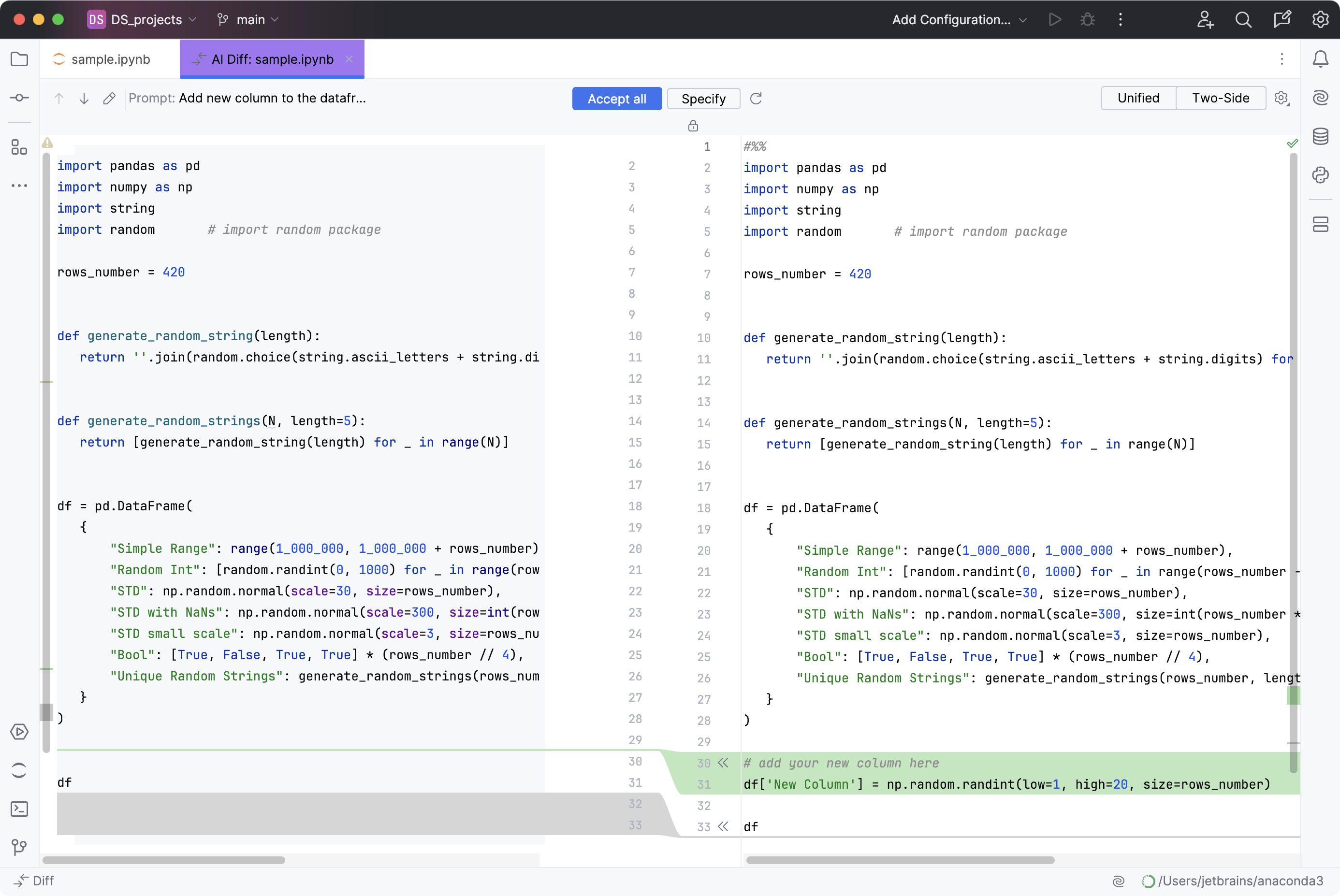 Generated code in diff tab