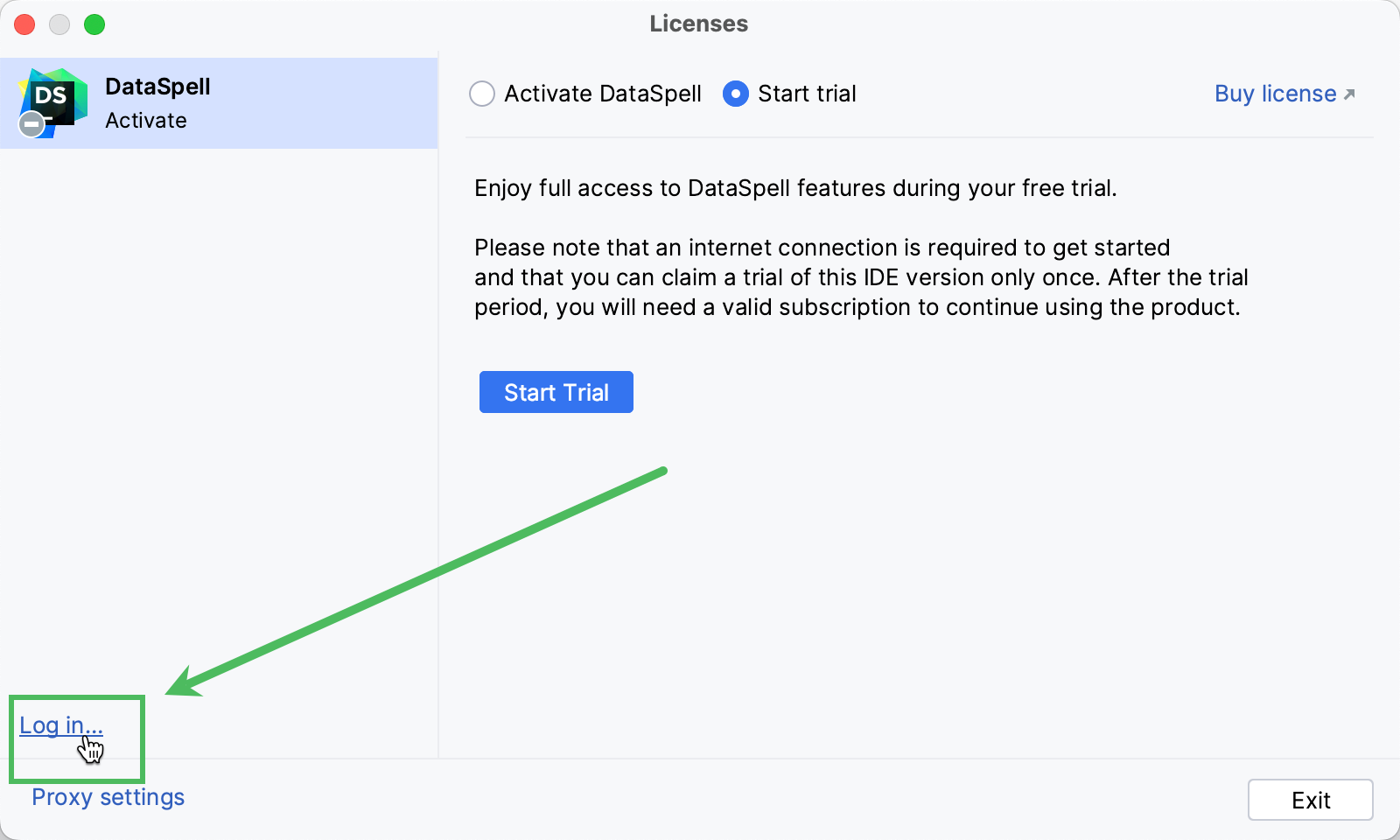 Log in to JetBrains account to start your trial version