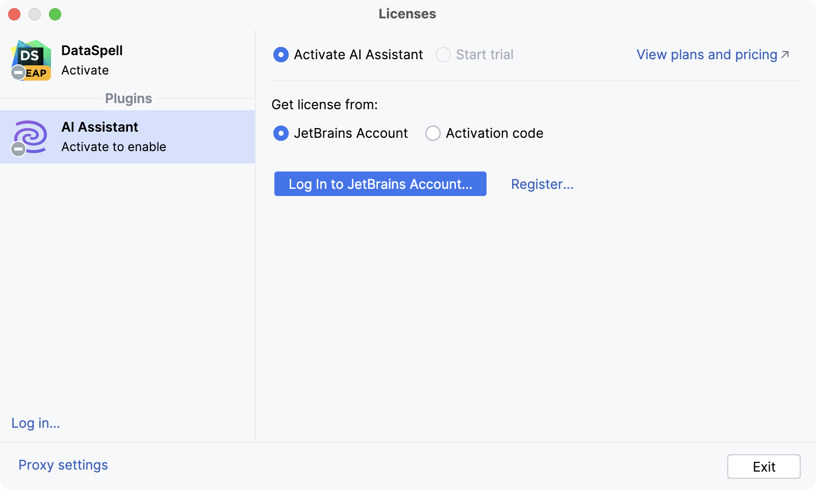 Licenses dialog with an option to log in to JetBrains account