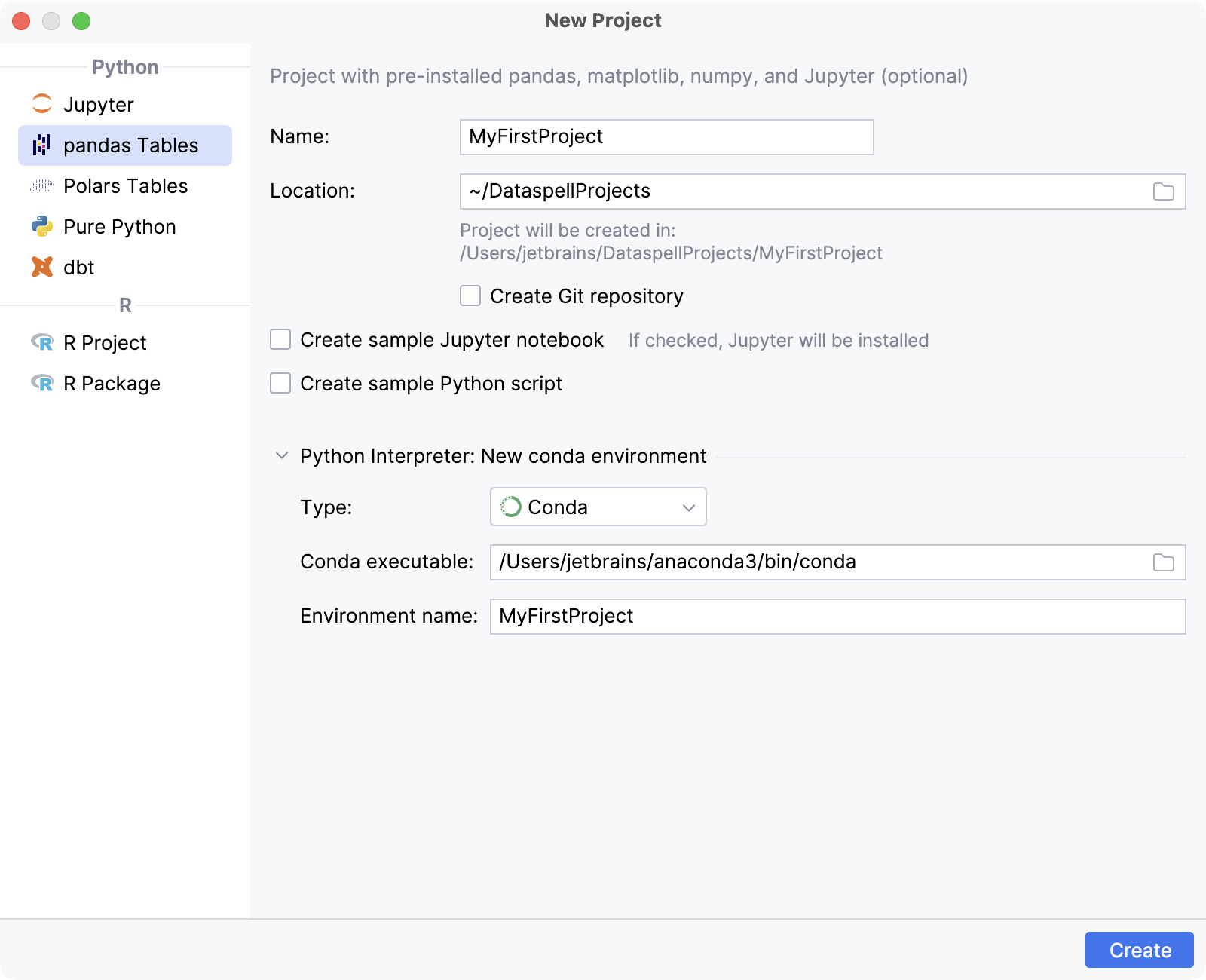 Create a pandas Tables project