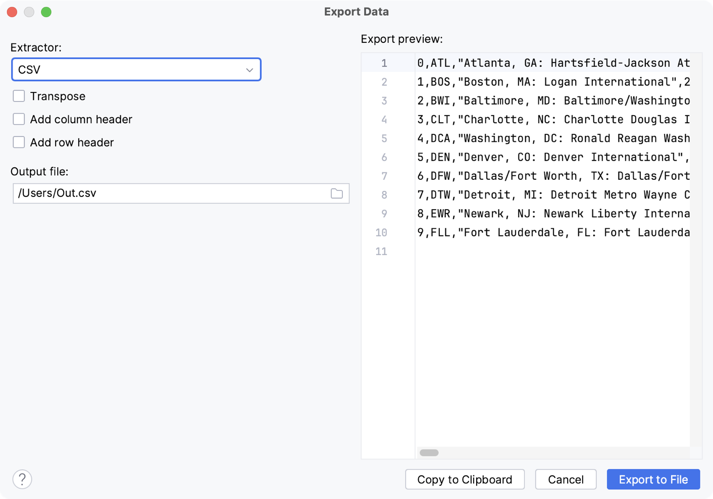 Export data