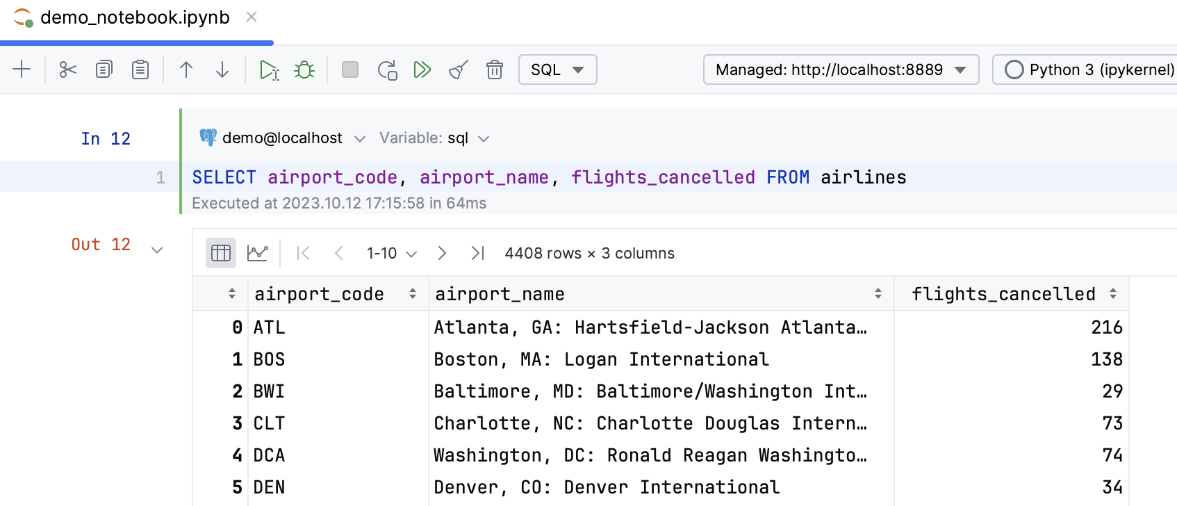 Query results displayed in dataframes