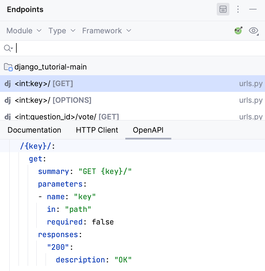 Endpoints tool window: OpenAPI tab