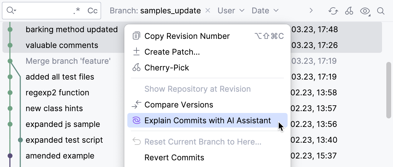 Explain Commit with AI Assistant option in VCS log