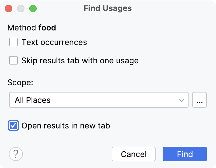 Find usages in a dialog