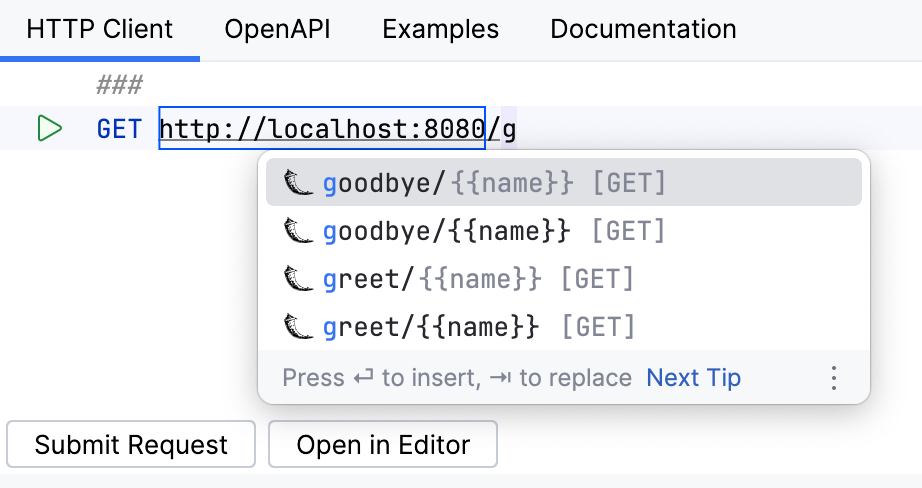 Code completion in the HTTP client