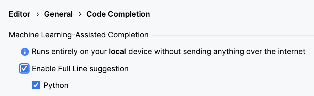 Enabling full line code completion