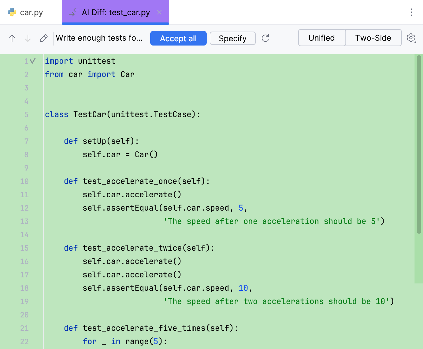 Generated unit tests in a separate AI Diff tab