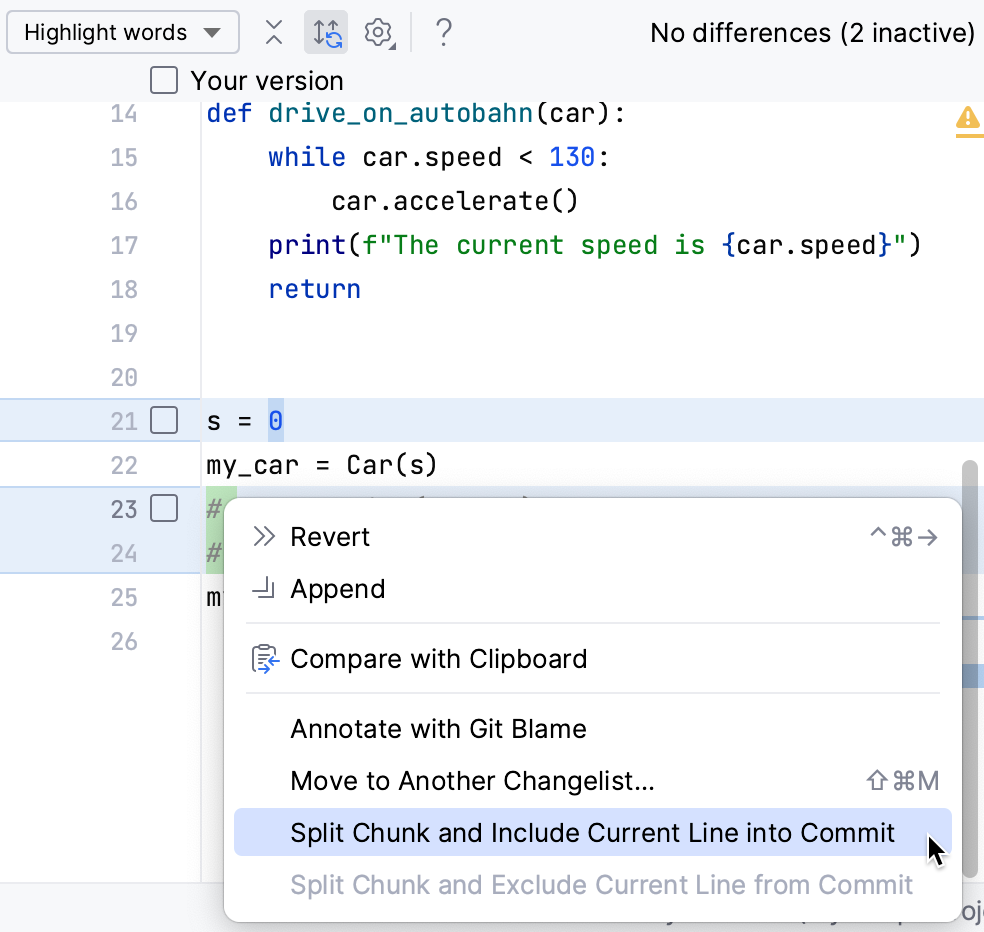 PyCharm: An option to include current line in commit in the context menu