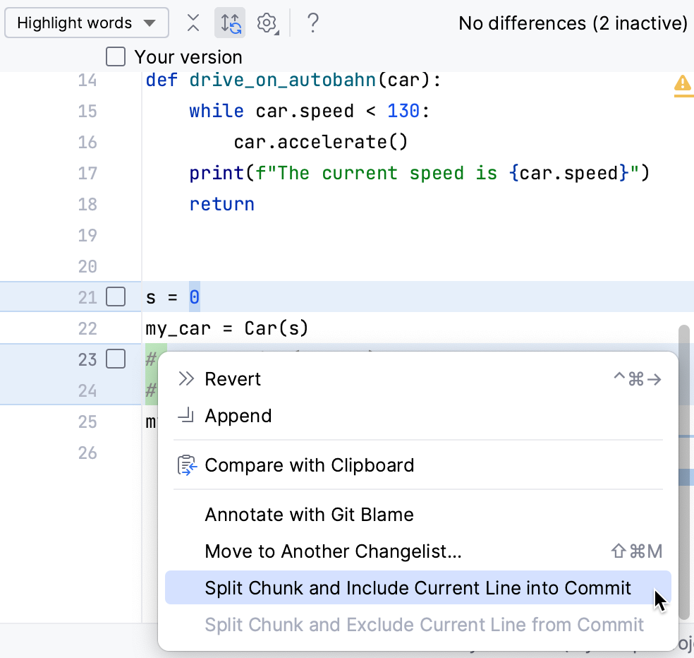 PyCharm：在上下文菜单中的提交中包含当前行的选项