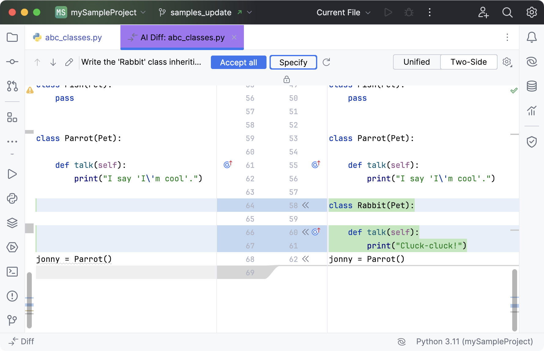 Generated code in diff tab