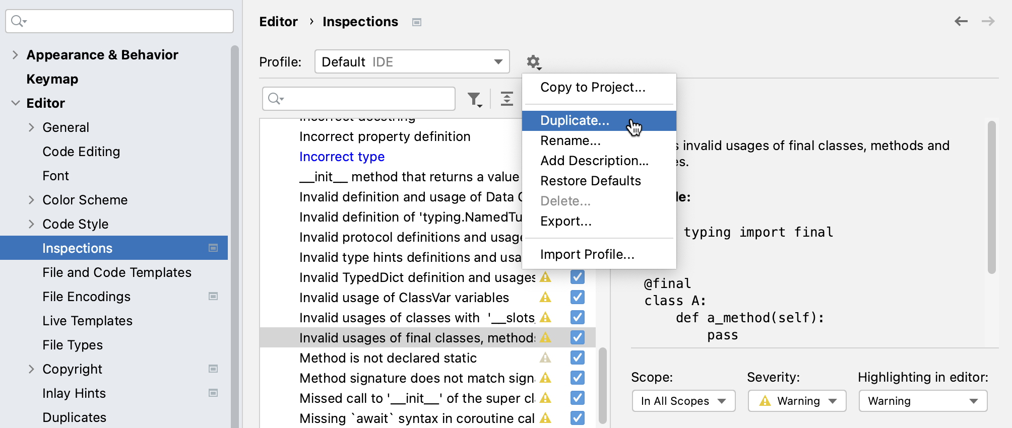 Duplicating a profile