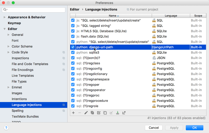 Language injection settings