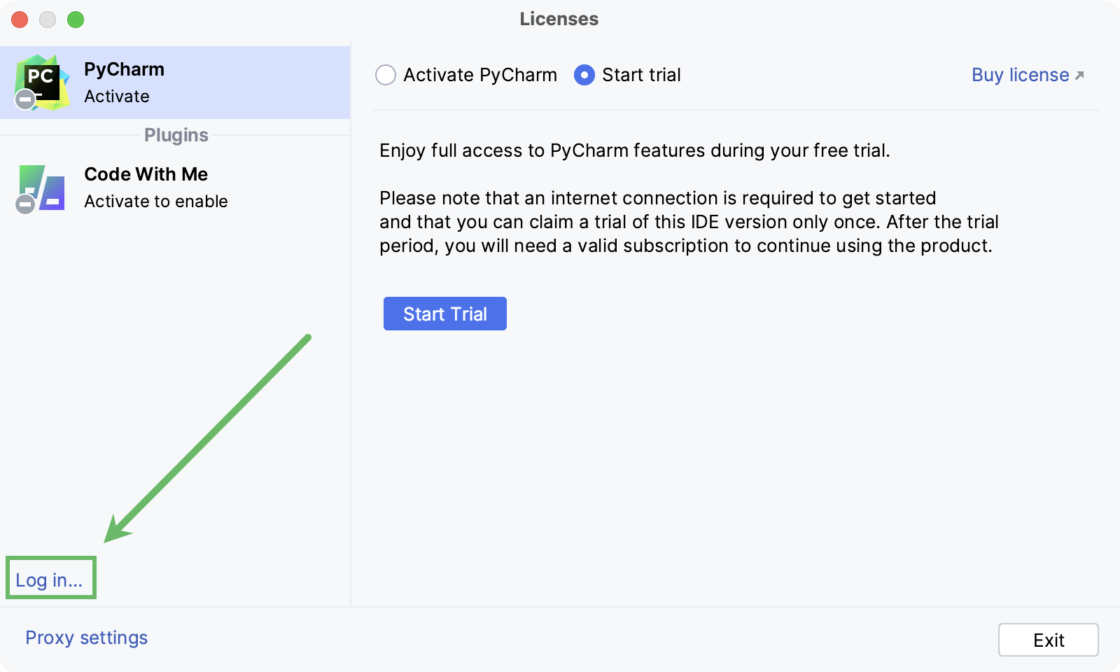 Log in to JetBrains account to start your trial version