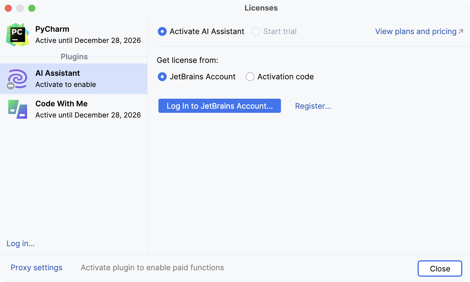 Licenses dialog with an option to log in to JetBrains account