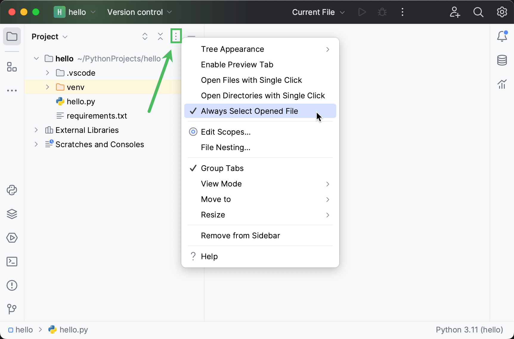 Enabling the 'Always select opened file' option