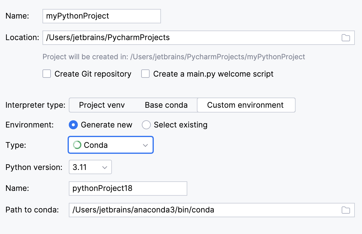 Create a project with a conda environment
