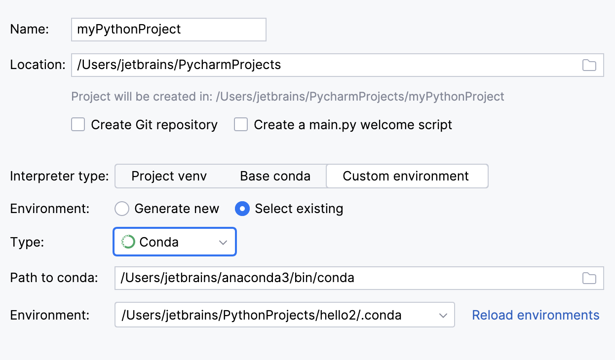 为新项目选择现有的 conda 解释器