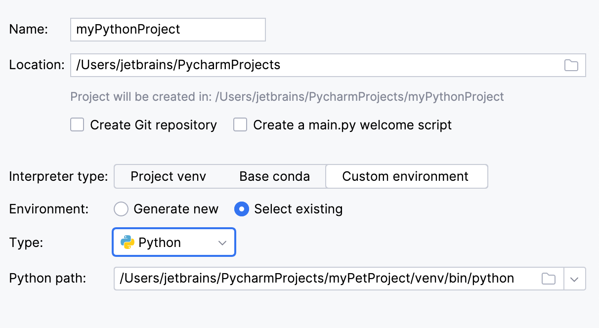 Selecting existing interpreter for a new project