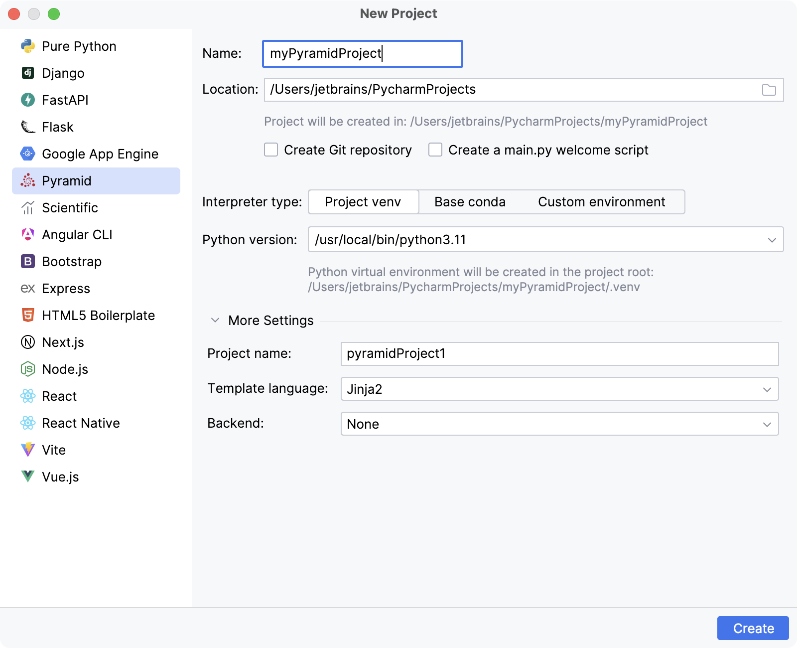 Create a Pyramid project