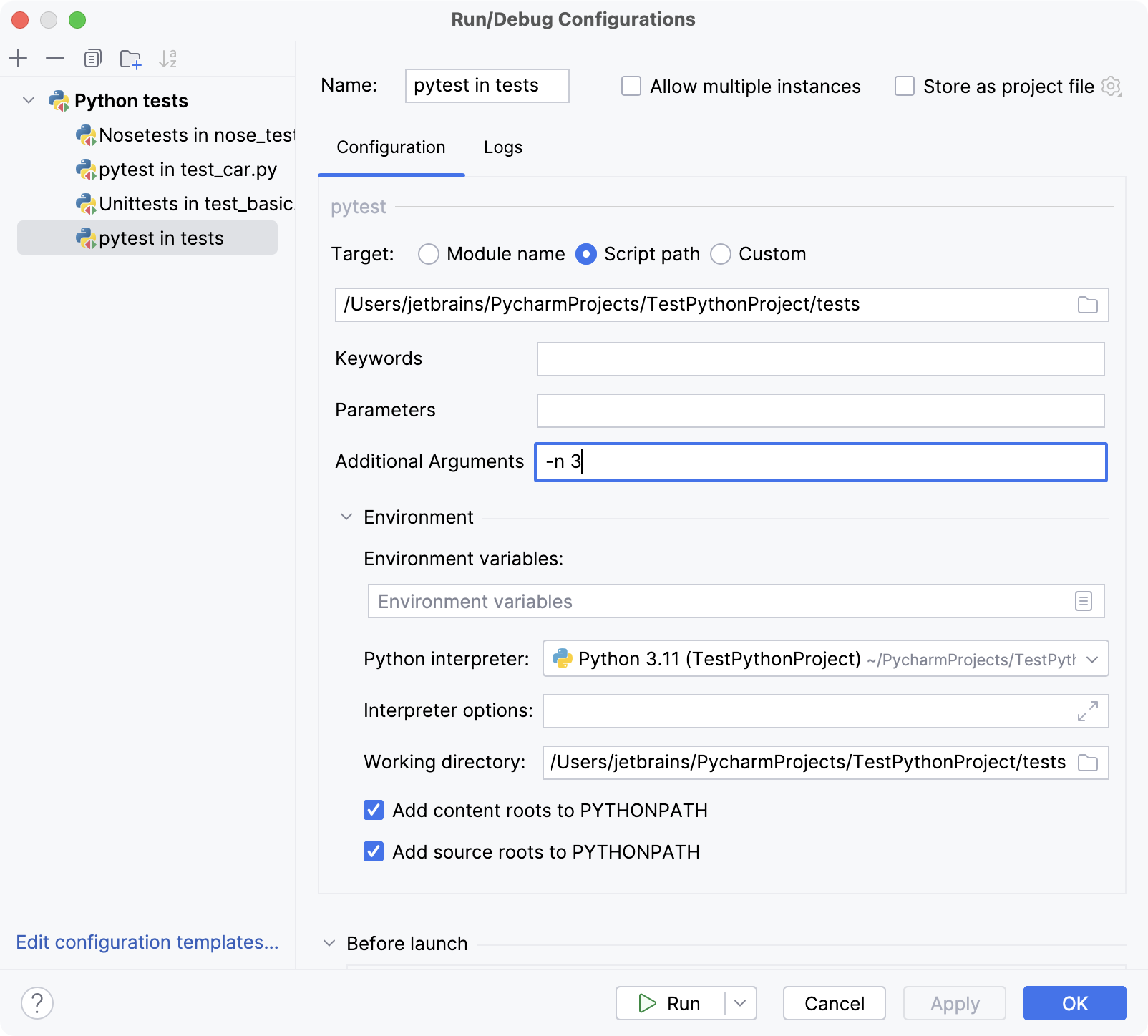 Editing Run/Debug configuration for a group of pytest tests