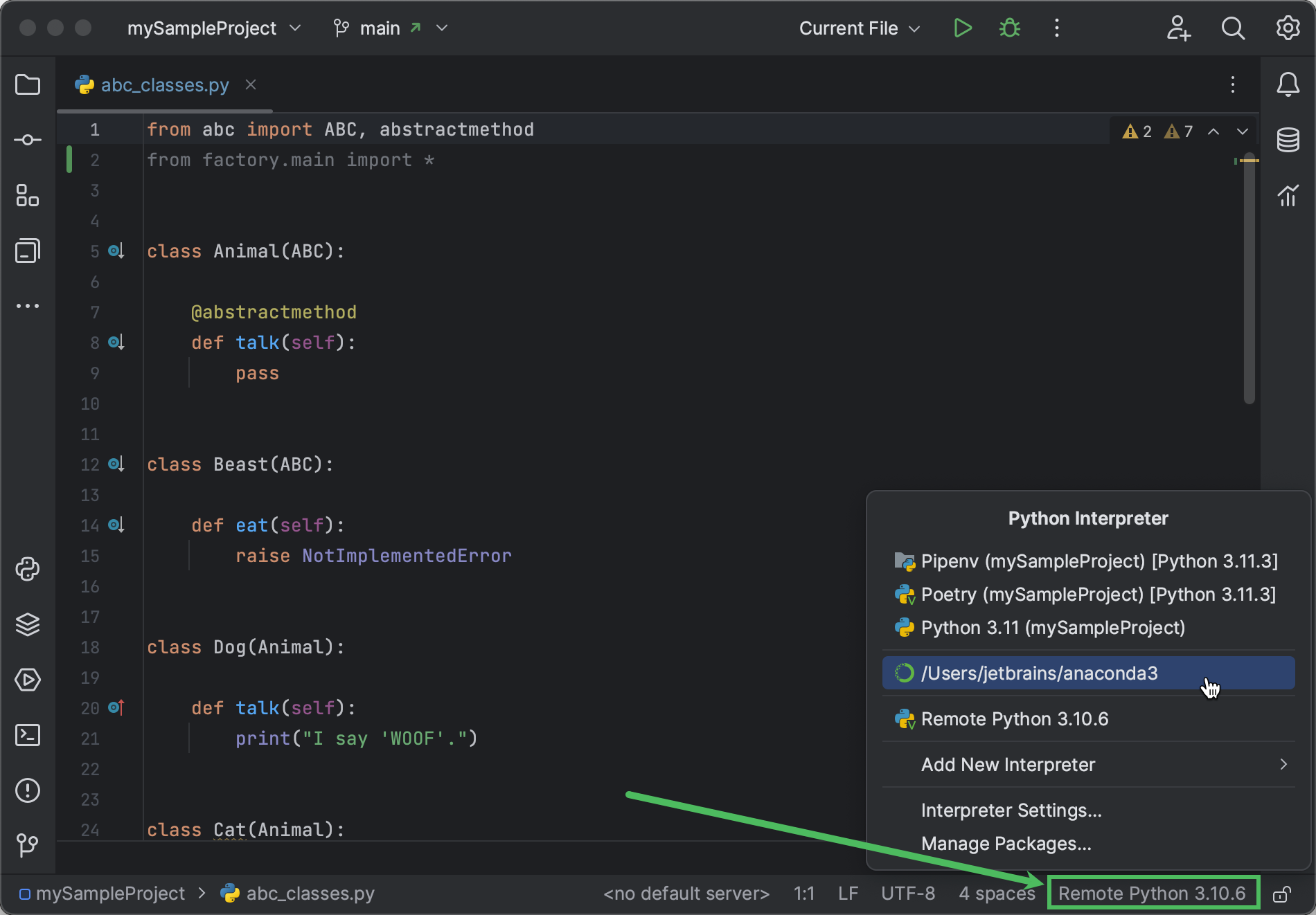 Project interpreter selector