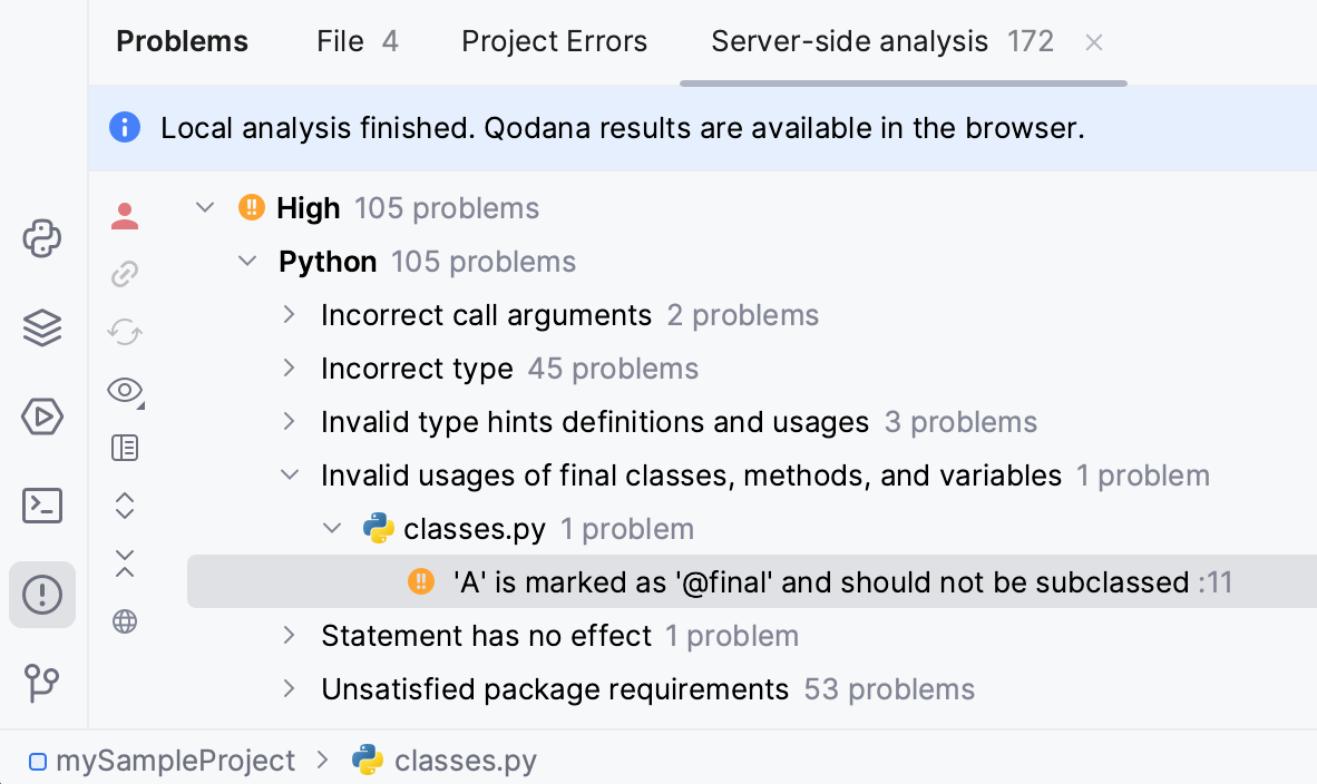 PyCharm: Qodana inspection results in the Problems window