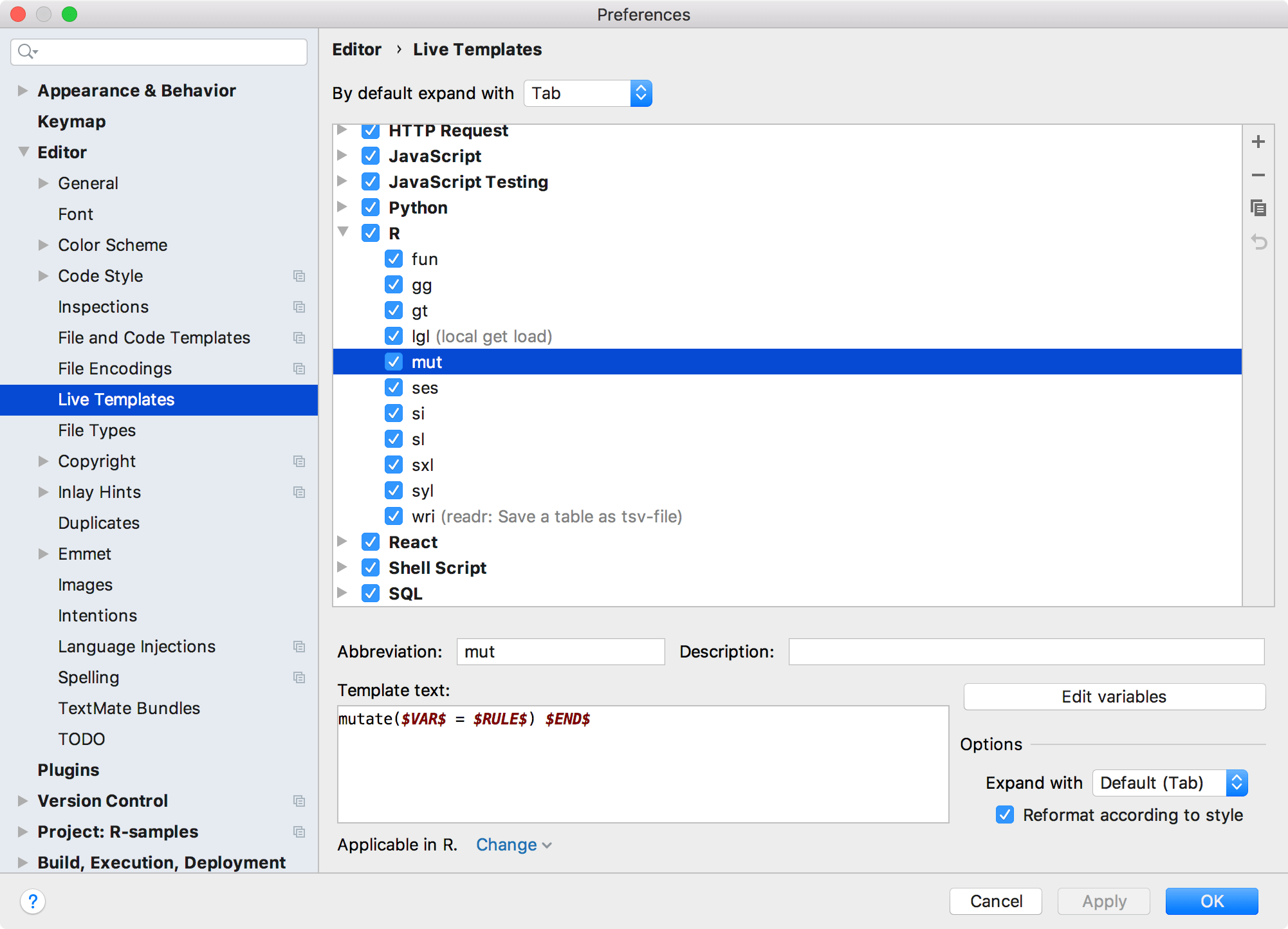 Live template settings for R