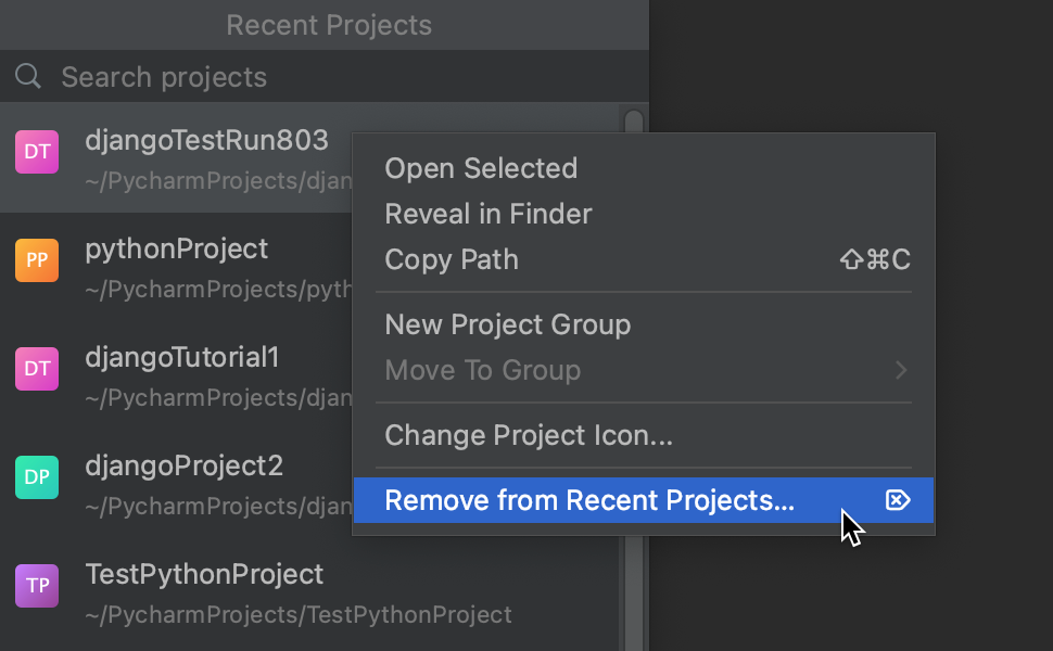Remove a recent project from the list of the recent projects
