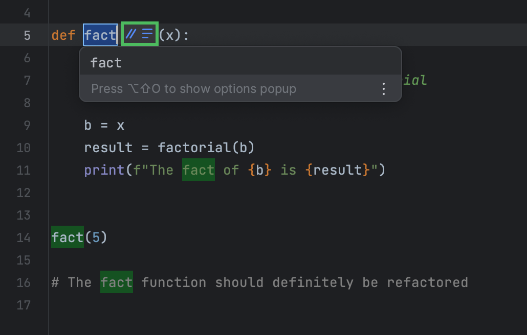 Inline icons of renaming options