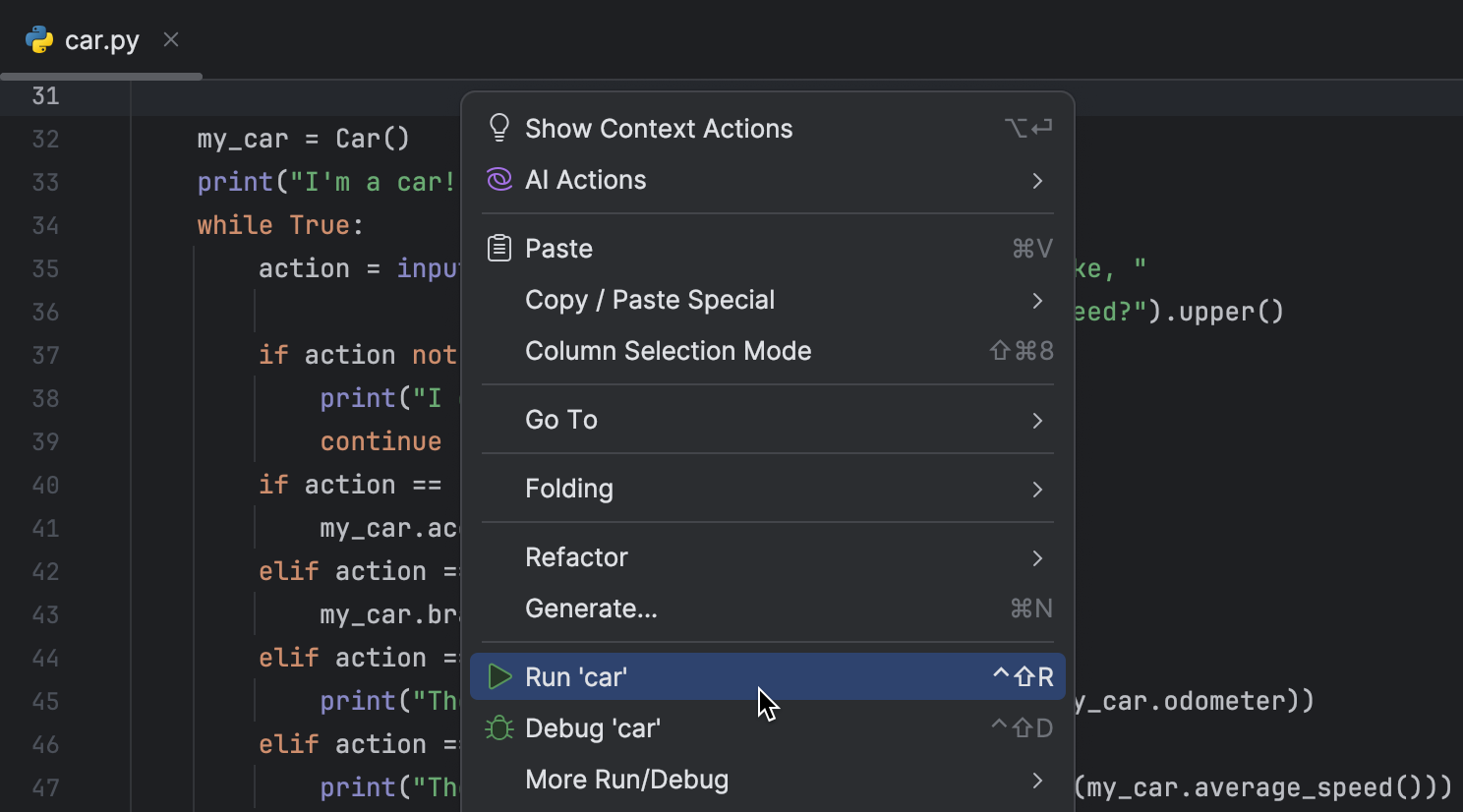 Run without any previous configuring | PyCharm Documentation