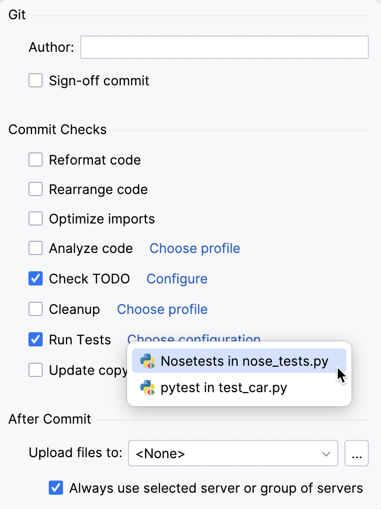 Pre-commit checks menu