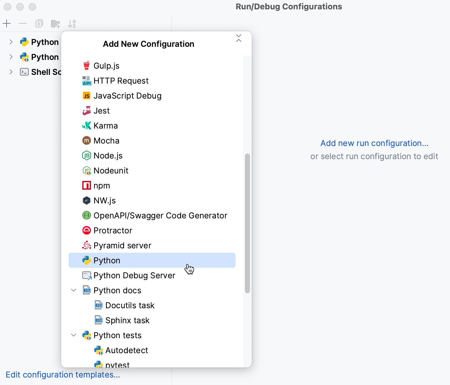 Selecting a new run/debug configuration template