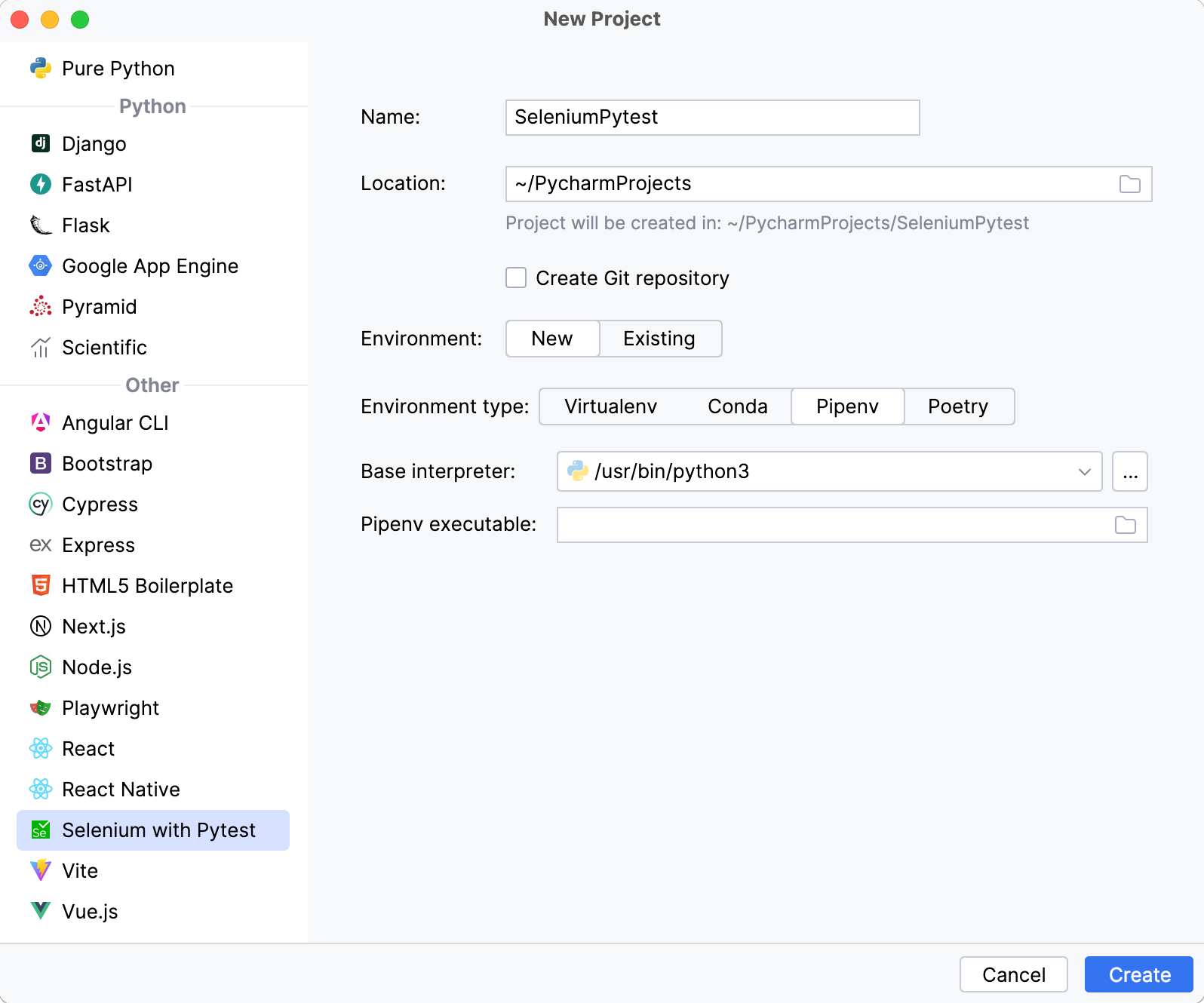 Configure a new Pipenv environment