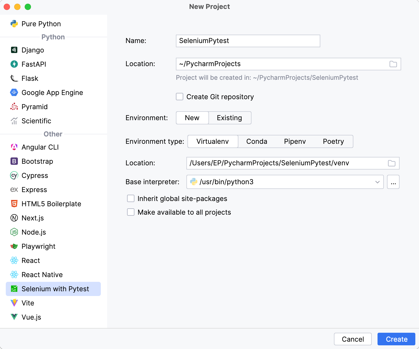 Creating a new Selenium with Pytest project