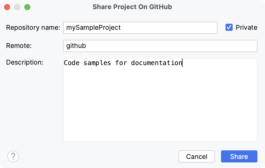 Share project on GitHub dialog