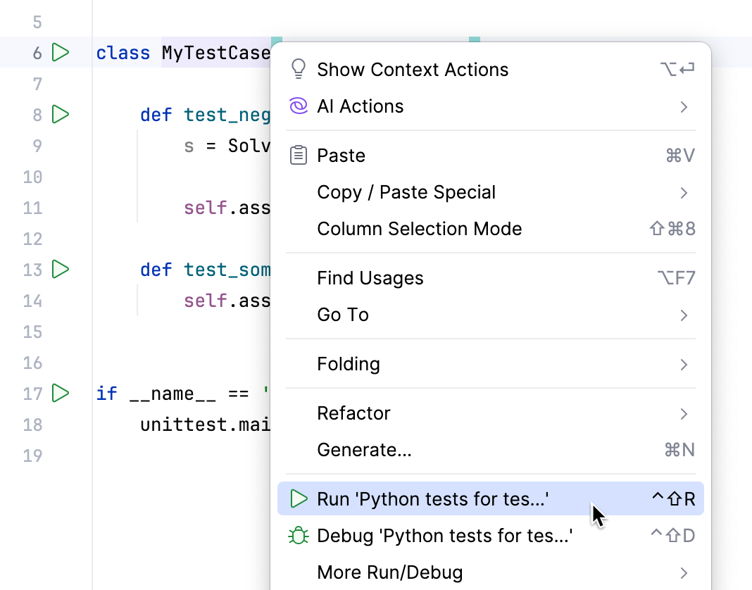 Running a test from the context menu