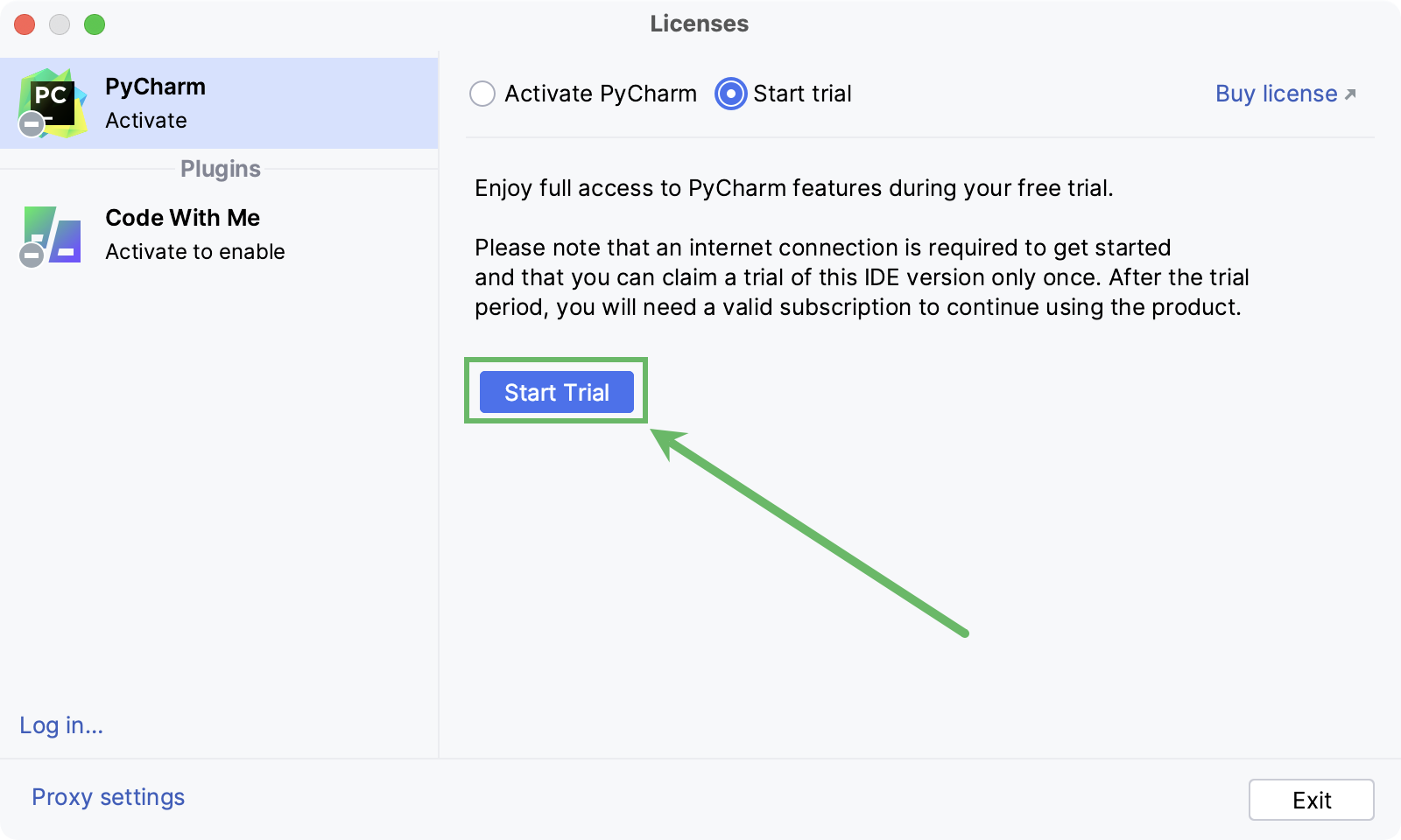 The Licenses dialog