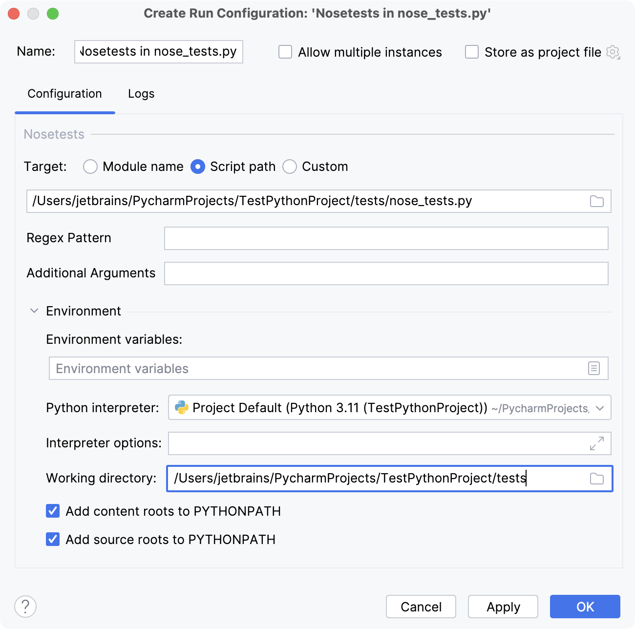 Editing Run/Debug configuration for tests